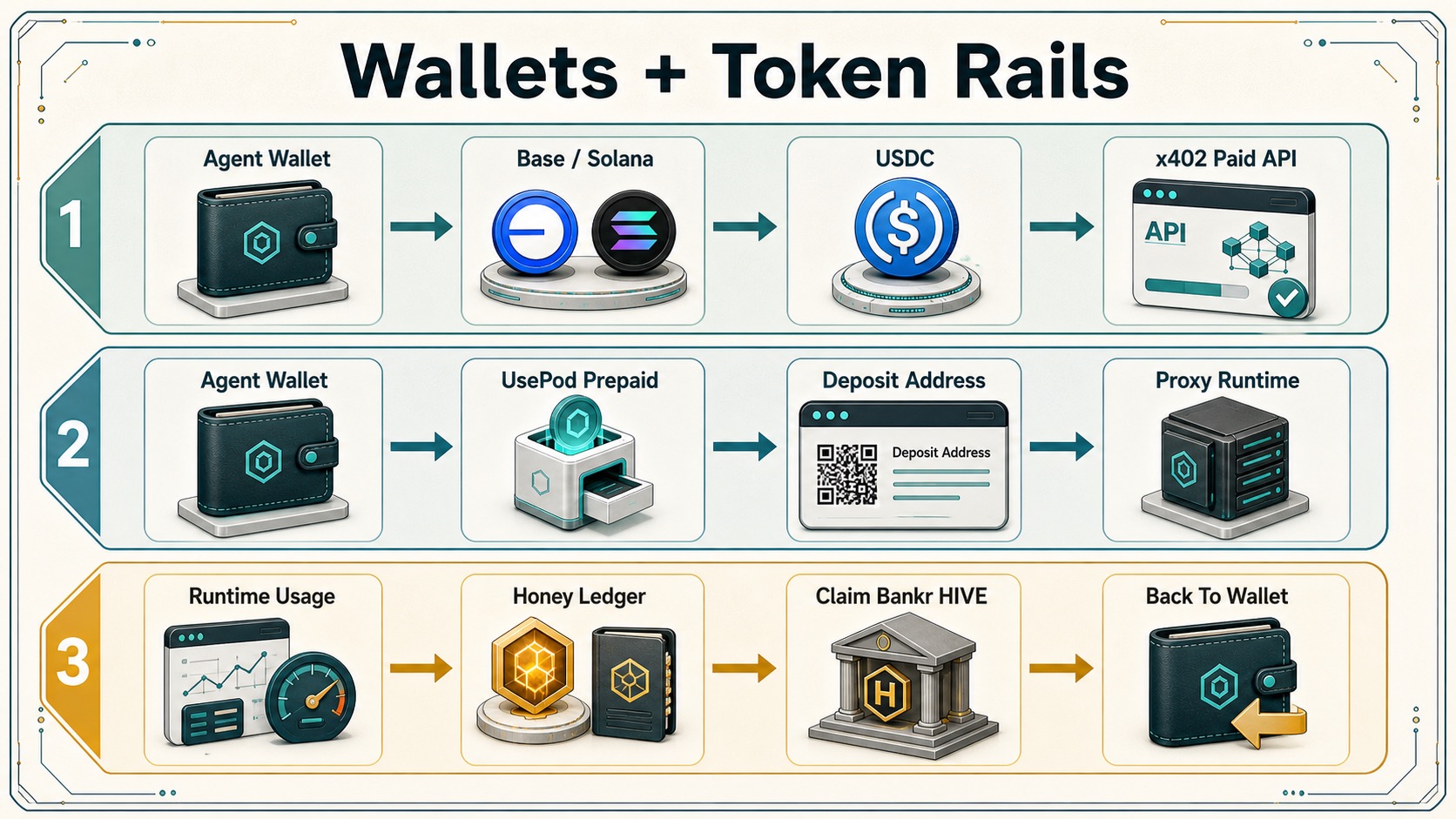 Wallet and token rails infographic with separate lanes for paid APIs, prepaid runtime deposits, Honey, and HIVE.