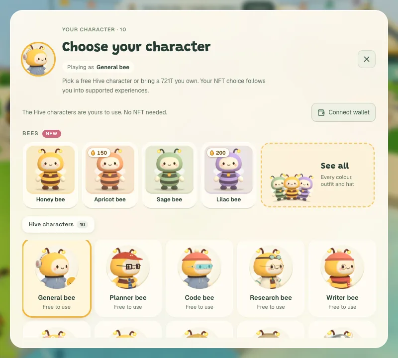 The Choose your character window: a row of bees to pick, the free Hive characters, and a button to connect a wallet and bring a 721T