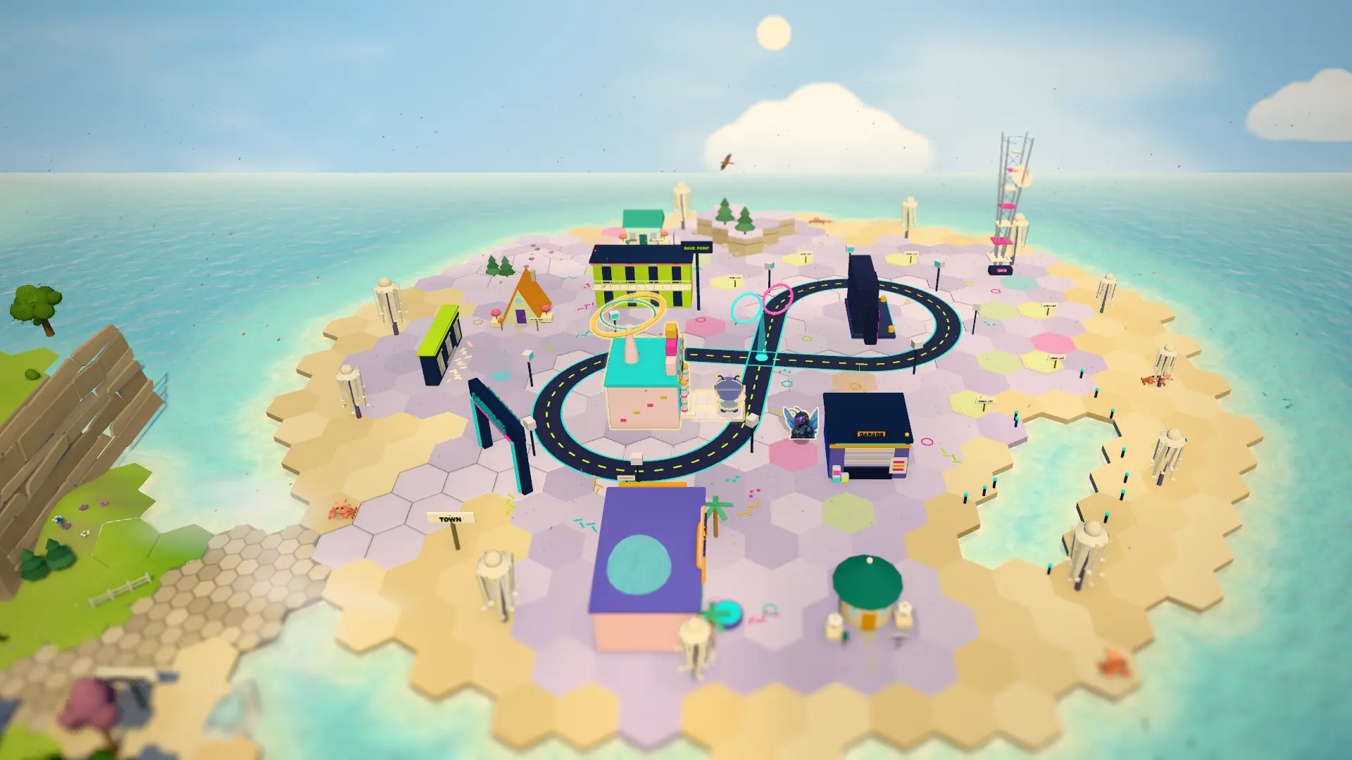 Loopback, a pastel island district with a figure-of-eight road and a tall neon tower, across the water from town
