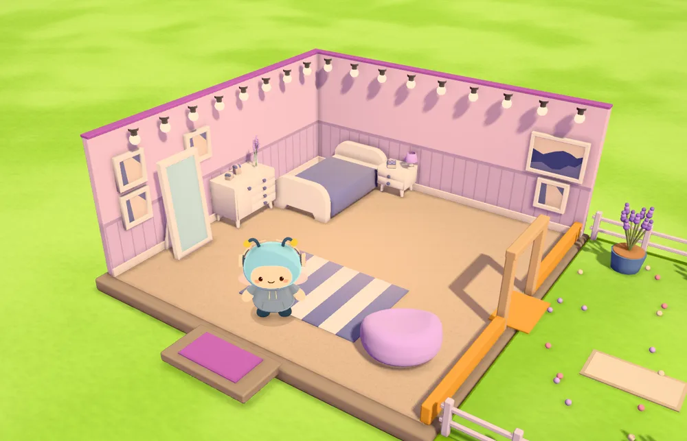 The same home as a bedroom: a double bed with its head to the wall, off to one side of the door, a bedside table each side and a striped rug in front, a dresser and a tall mirror on the side wall, a bean bag, and a string of lights running along the tops of panelled lilac walls over a soft beige carpet, with lavender in the garden