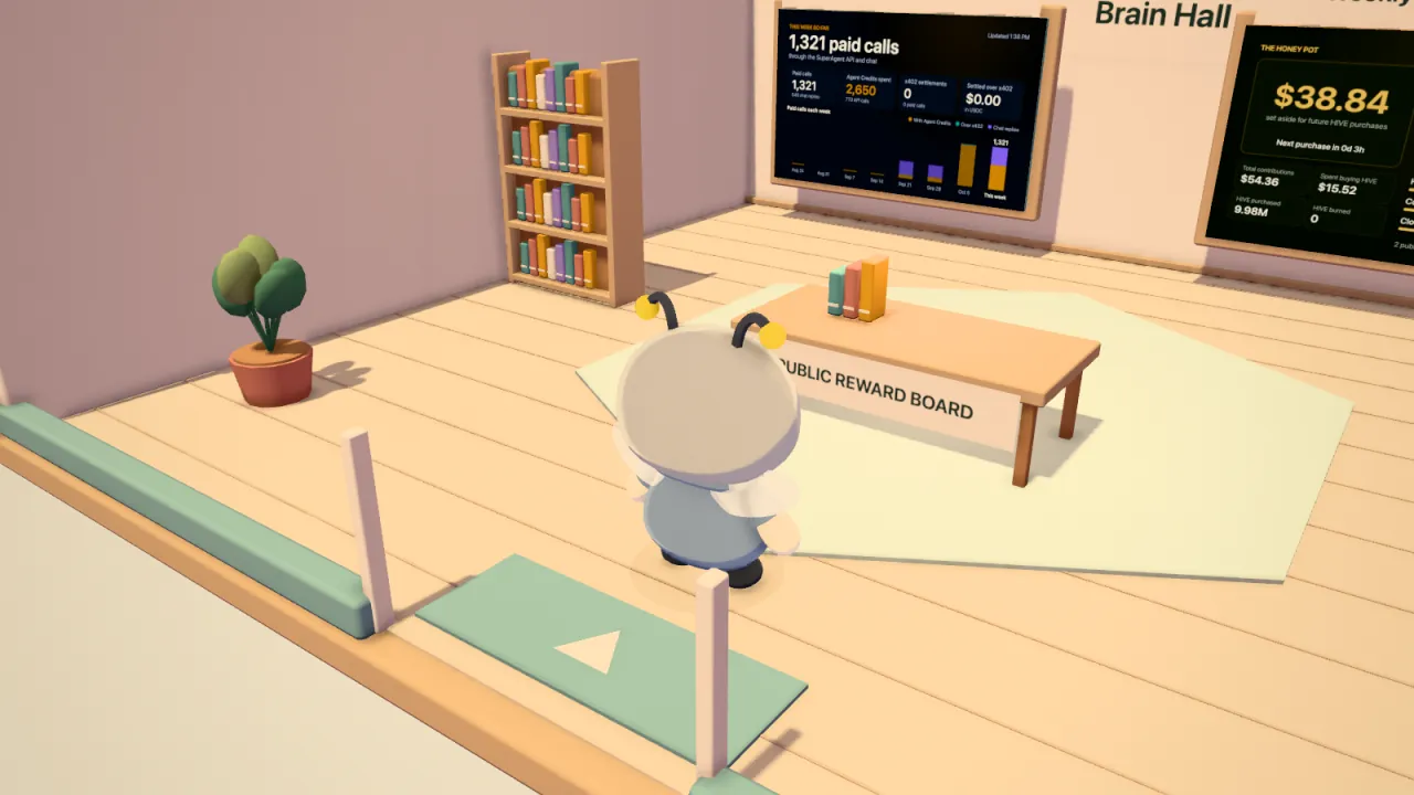 Inside Brain Hall, its boards of the hive's activity.