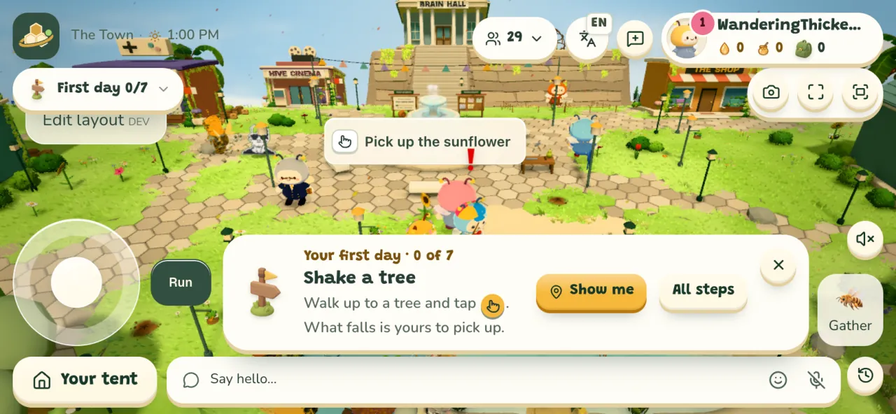 Playing on a phone held sideways: the stick under your thumb, Run, Gather and your first-day card.