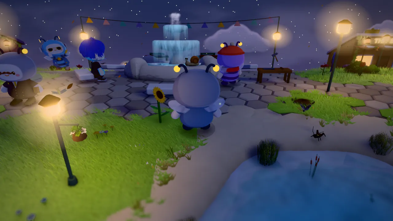 The square at night, the lamps lit.