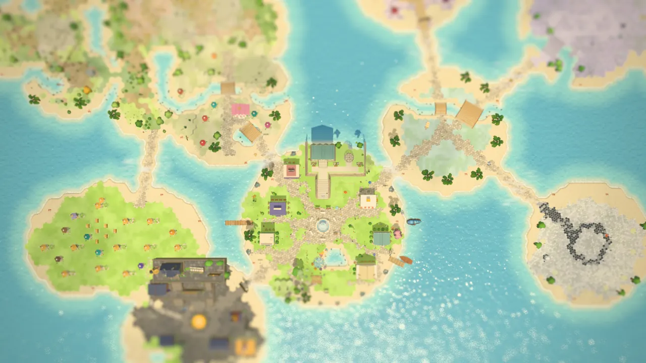 The whole island from above: the square in the middle, the districts on the islands round it.